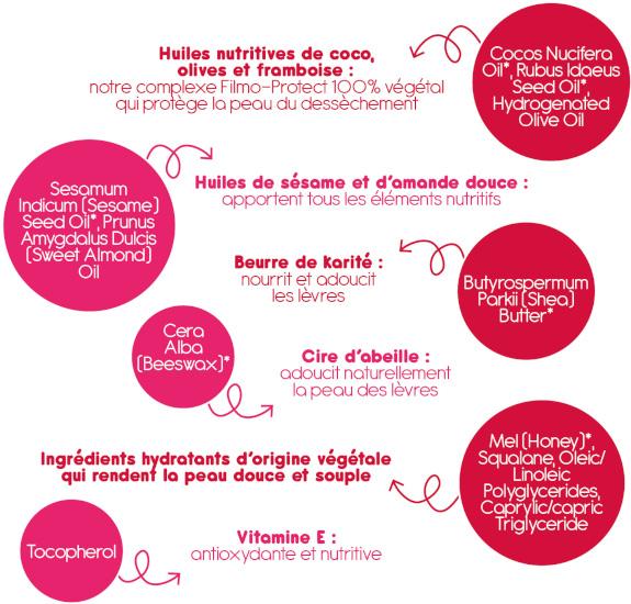 Cocos Nucifera Oil*, Rubus Idaeus Seed Oil*, Hydrogenated Olive Oil
Huiles nutritives de coco, framboise et olive : notre complexe Filmo-Protect 100% végétal qui protège la peau du dessèchement

Sesamum Indicum (Sesame) Seed Oil*, Prunus Amygdalus Dulcis (Sweet Almond) Oil
Huiles de sésame et d'amande douce : apportent tous les éléments nutritifs

Butyrospermum Parkii (Shea) Butter*
Beurre de karaté : nourrit et adoucit les lèvres

Cera Alba (Beeswax)*
Cire d'abeille : adoucit naturellement la peau des lèvres

Mel (Honey)*, Squalane, Oleic/Linoleic Polyglycerides, Caprylic/capric Triglyceride
Ingrédients hydratants d'origine végétale qui rendent la peau douce et souple

Tocopherol
Vitamine E : antioxydante et nutritive
